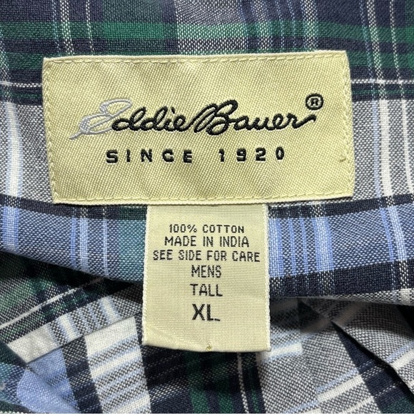 Eddie Bauer Plaid Button Up Shirt Mens Size XL Tall Blue Green Colorful Outdoor - Picture 5 of 10